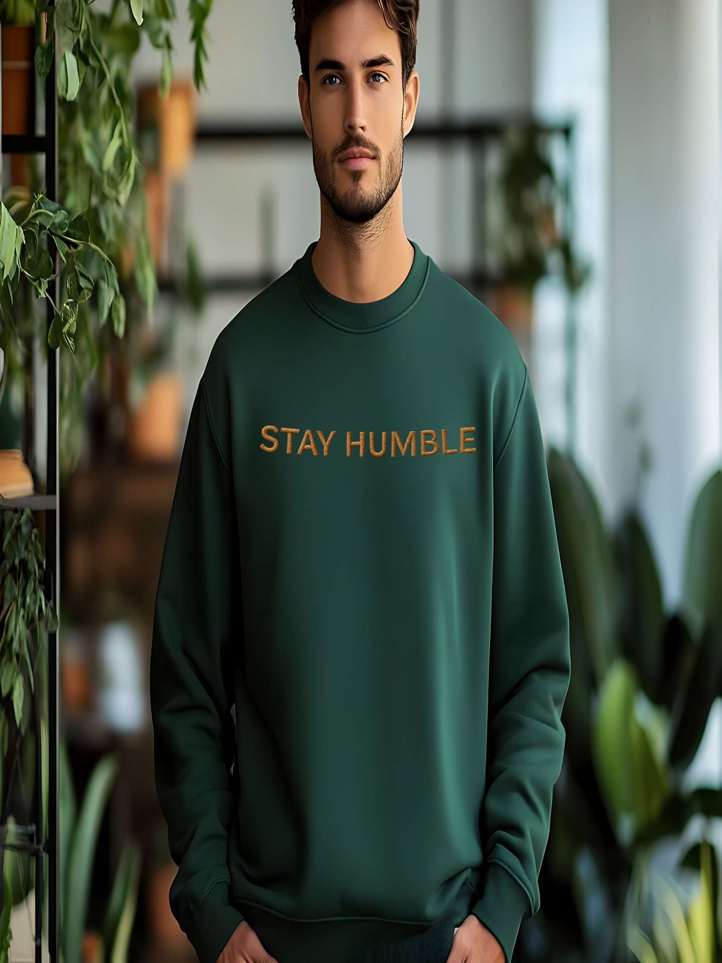Man wearing green Embroidered Humble Sweatshirtwith kindness design
