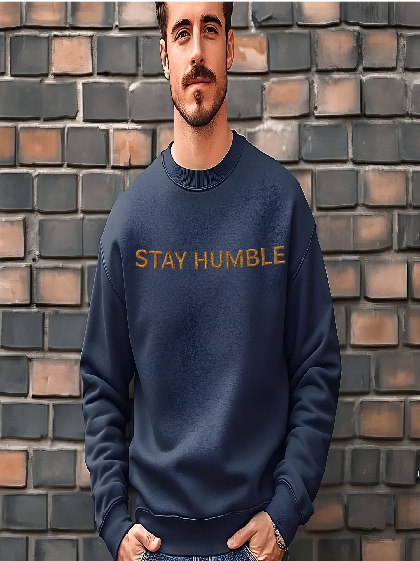 Man modeling dark gray Embroidered Humble Sweatshirt against brick wall