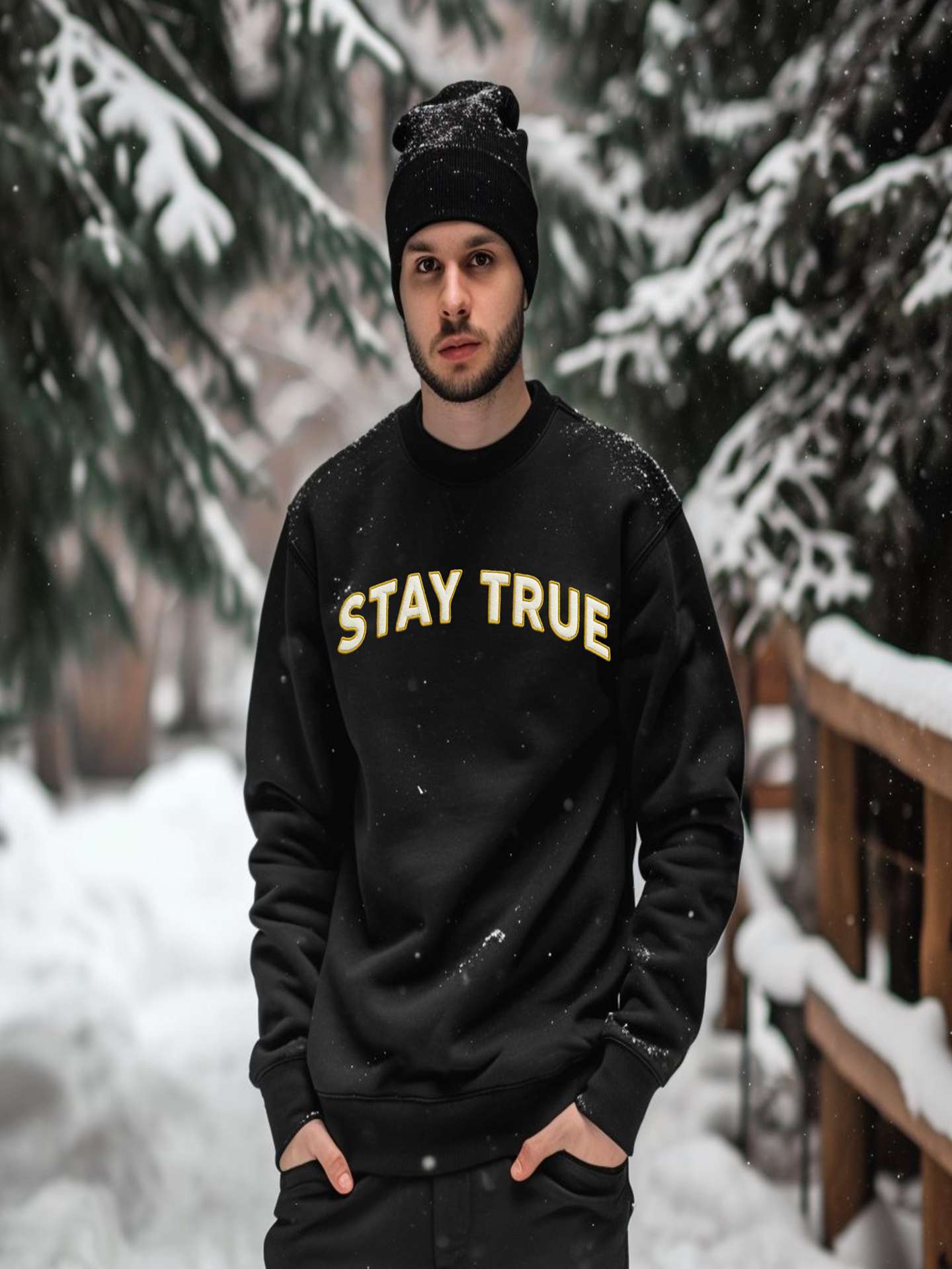 Man standing in the snow wearing black Embroidered Stay True Sweatshirt.