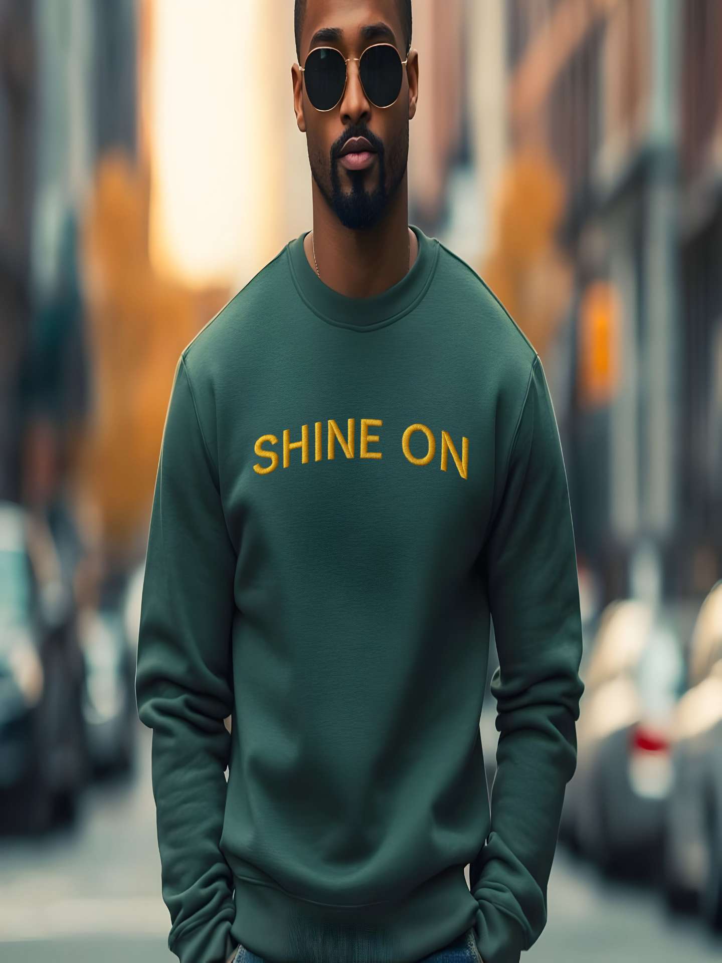 Man posing in green Embroidered Shine On Sweatshirt, casual look