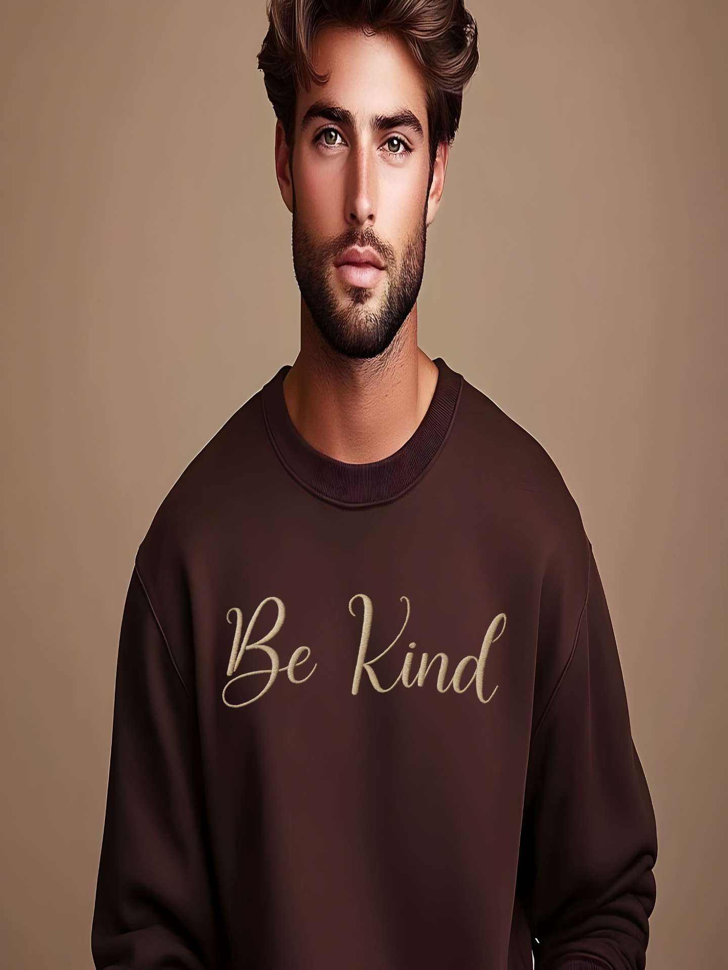 Man wearing brown Embroidered Kindness Sweatshirt studio pose