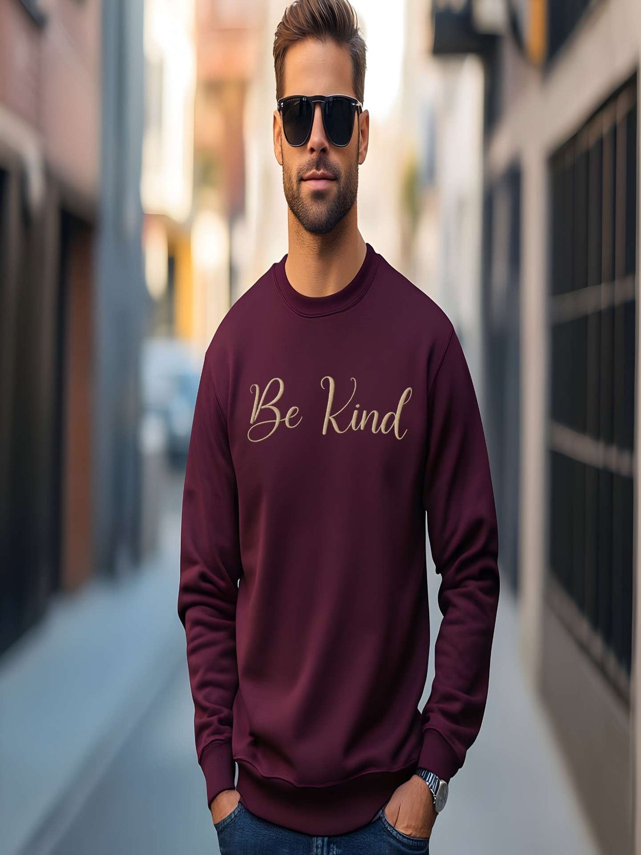 Man walking in maroon Embroidered Kindness Sweatshirt on city street.