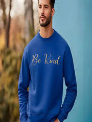Man wearing blue Embroidered Kindness Sweatshirt casual streetwear