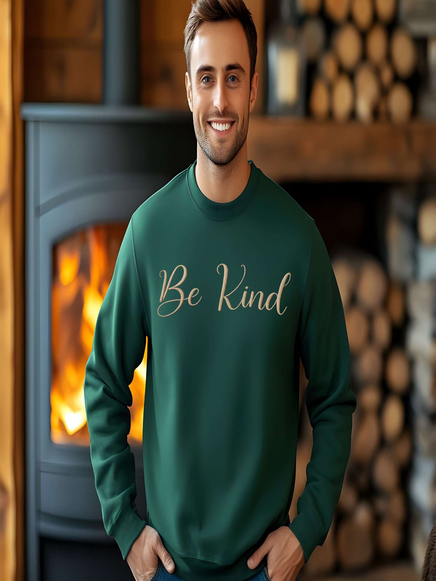 Man standing by fireplace wearing green Embroidered Kindness Sweatshirt