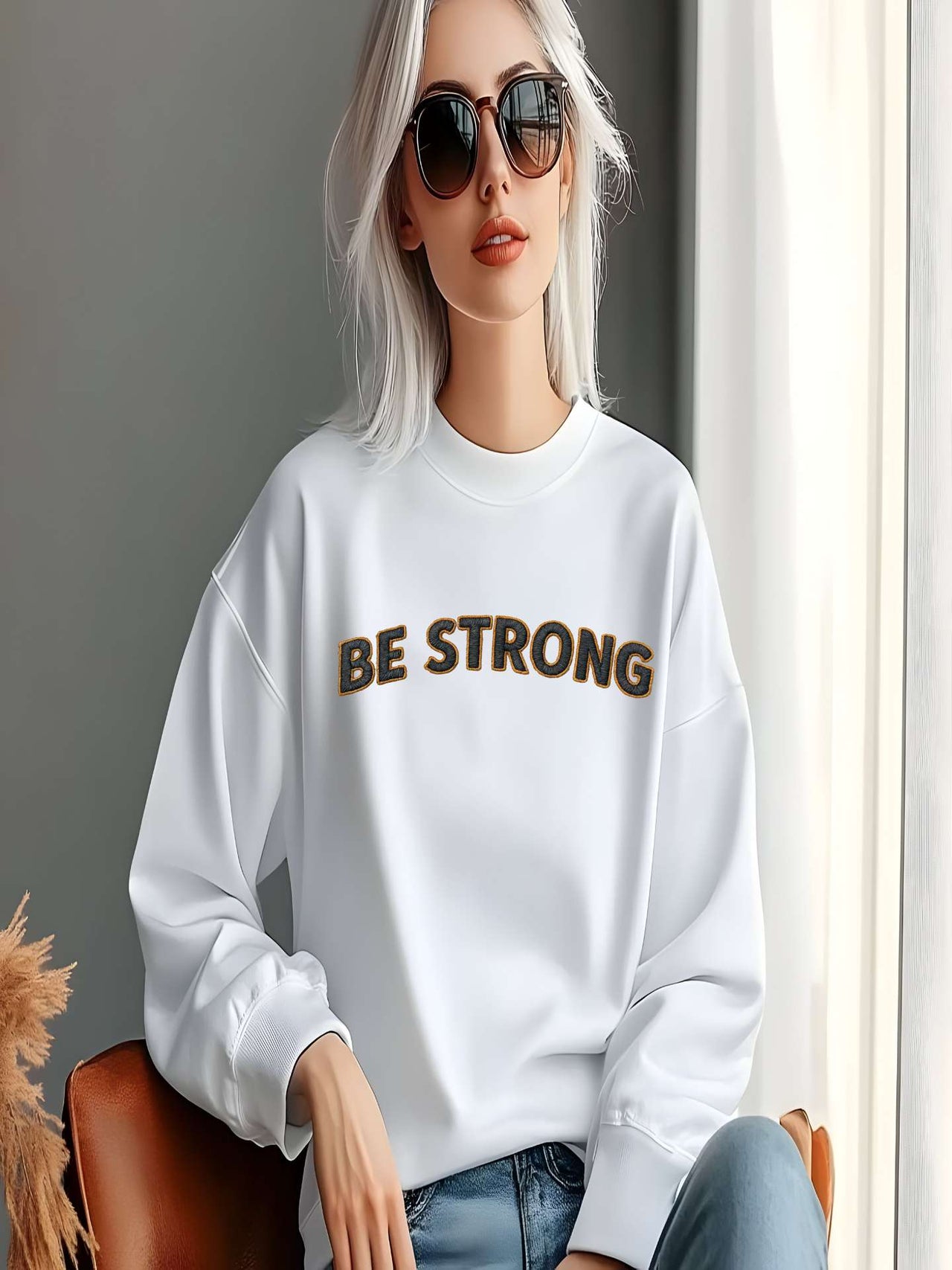 Embroidered Motivational Sweatshirt featuring the text 'BE STRONG', worn by a model in a bright room.