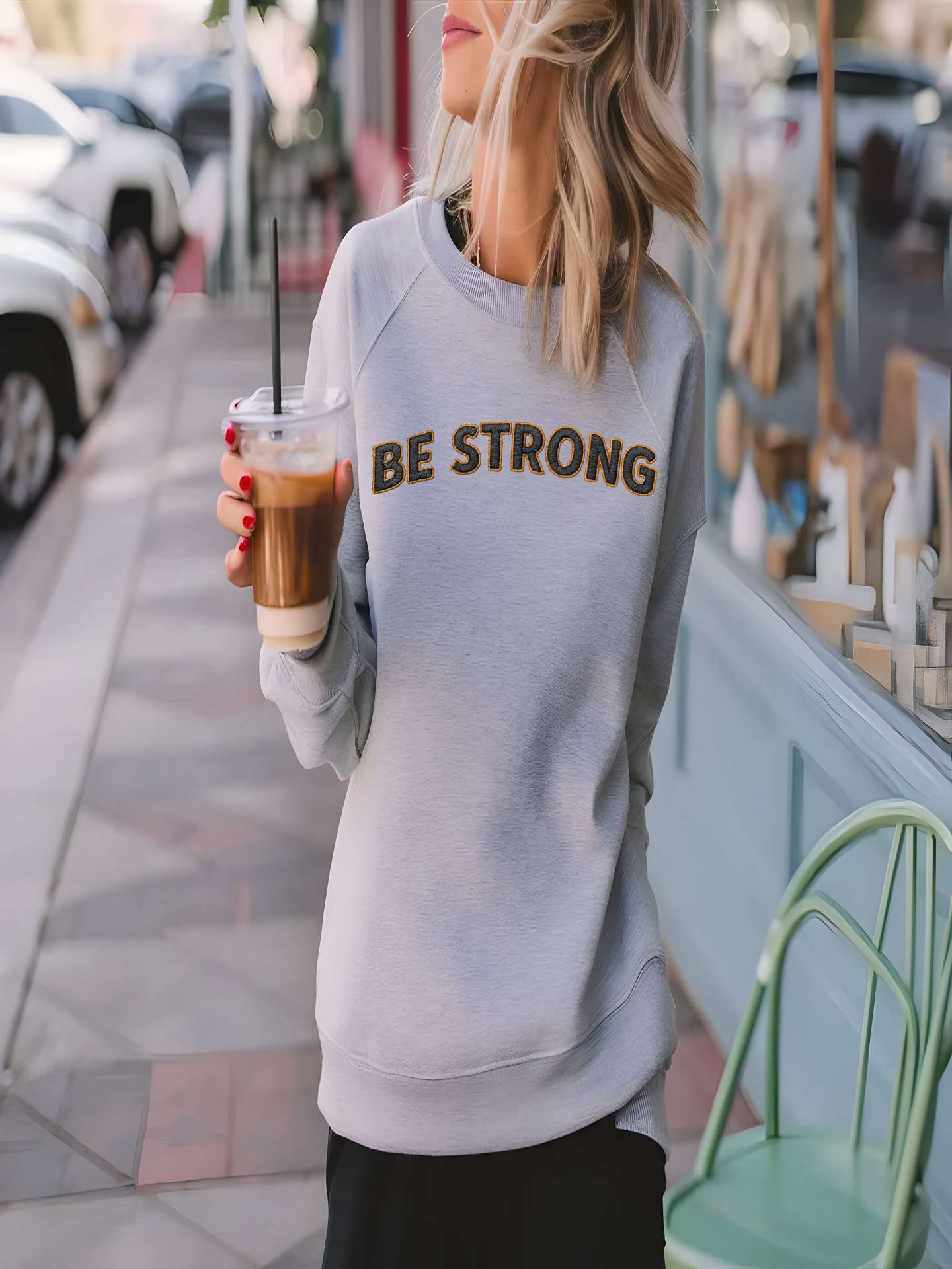 Embroidered Motivational Sweatshirt featuring 'BE STRONG' design, worn by a woman holding a coffee drink outdoors.
