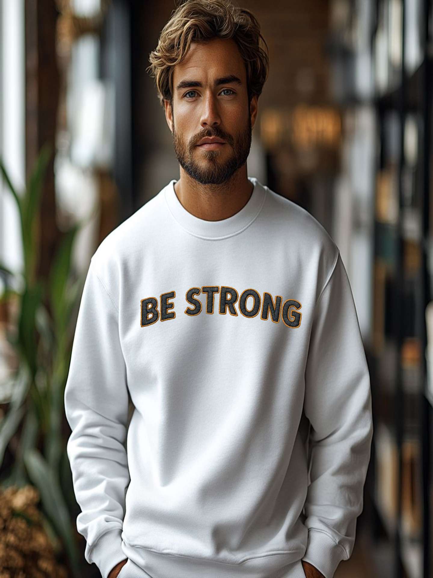 Embroidered Motivational Sweatshirt featuring 'BE STRONG' design on a model in a cozy indoor setting.
