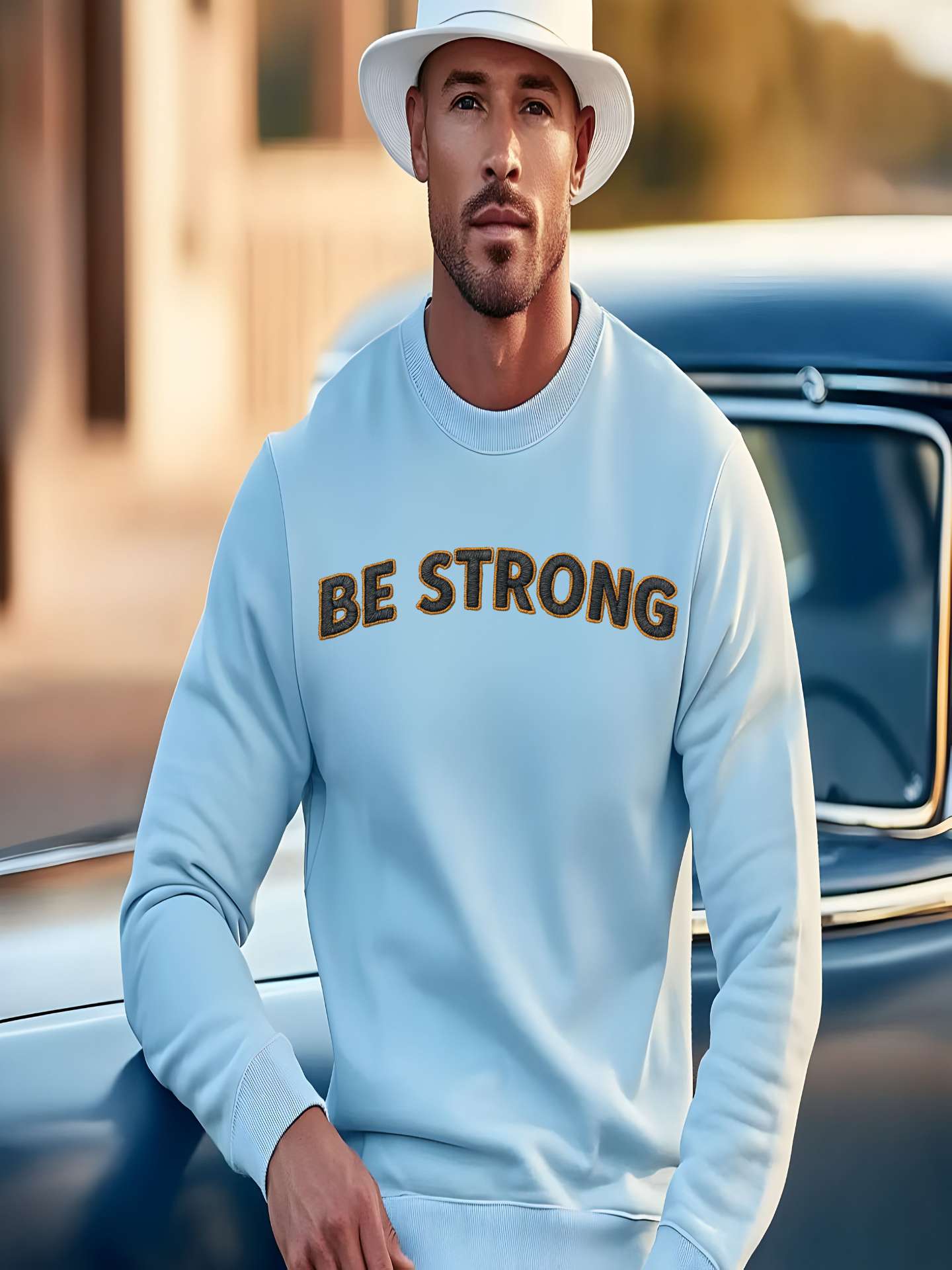 Embroidered Motivational Sweatshirt featuring 'BE STRONG' in an outdoors setting with a man in a white hat.