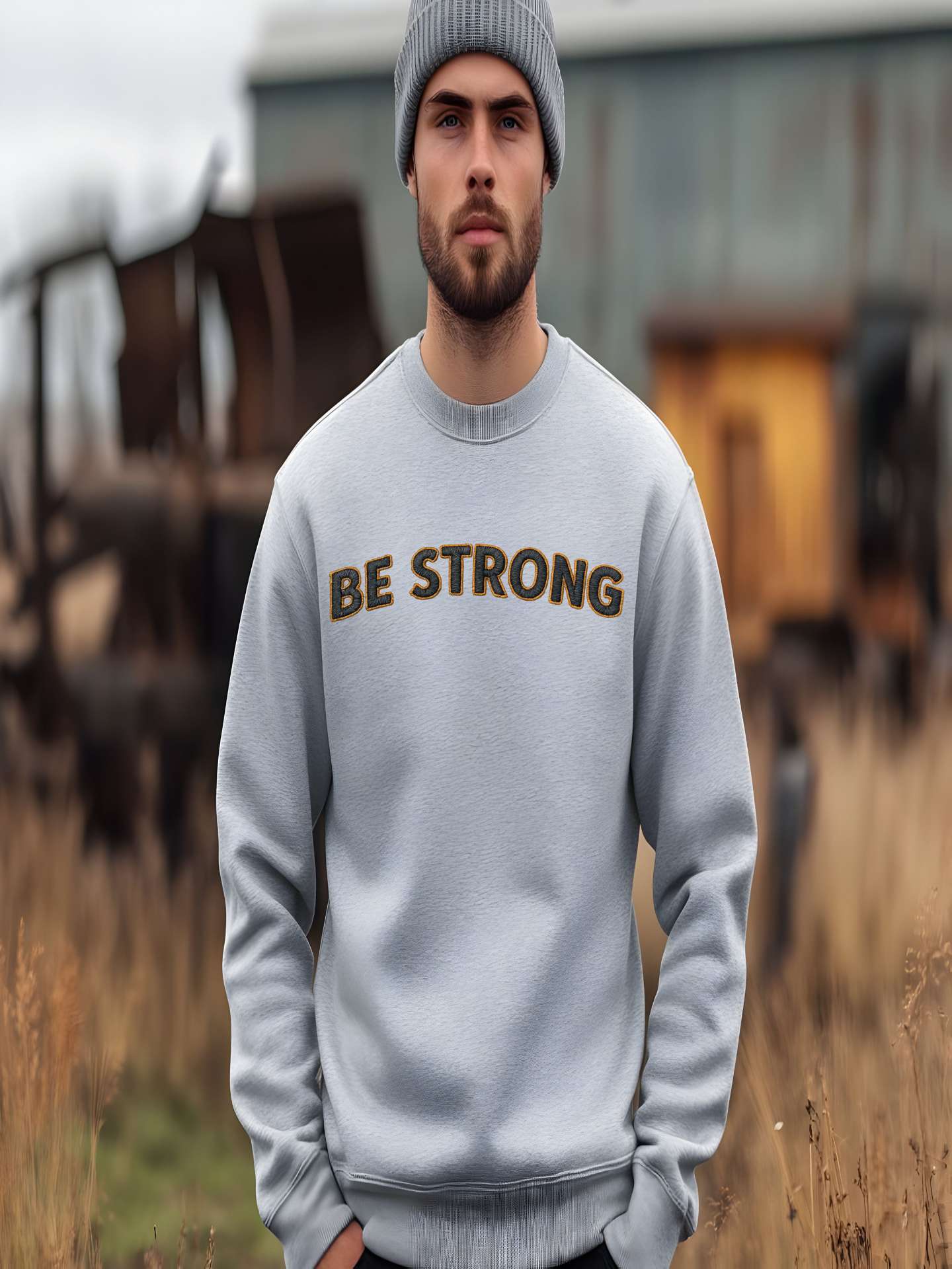 Embroidered Motivational Sweatshirt featuring the statement 'BE STRONG' on a model outdoors, showcasing casual style.