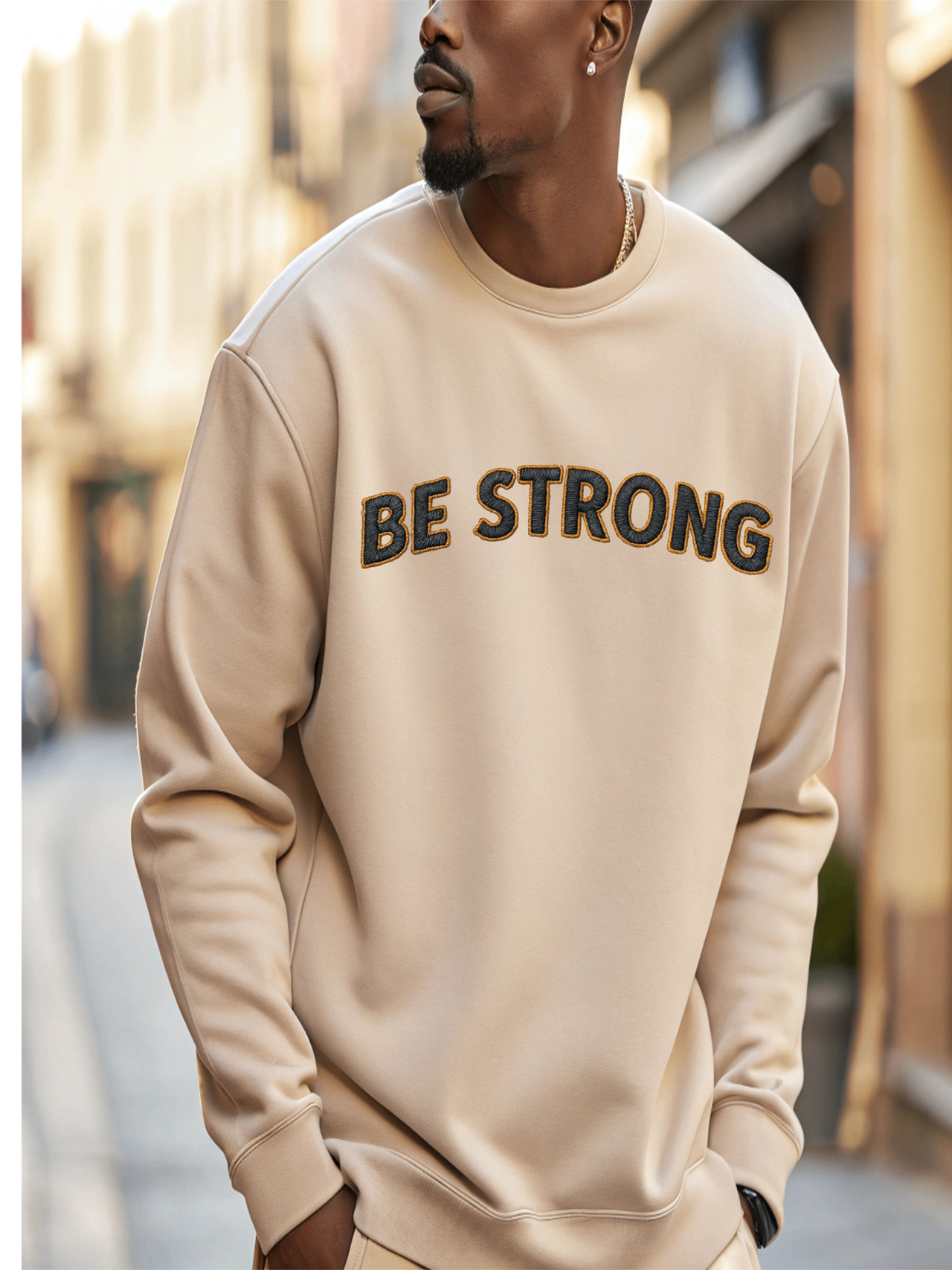 Embroidered Motivational Sweatshirt featuring 'BE STRONG' design worn by a man in a stylish outdoor setting.