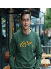 Man wearing green Embroidered Keep Faith Sweatshirt, front view outdoors