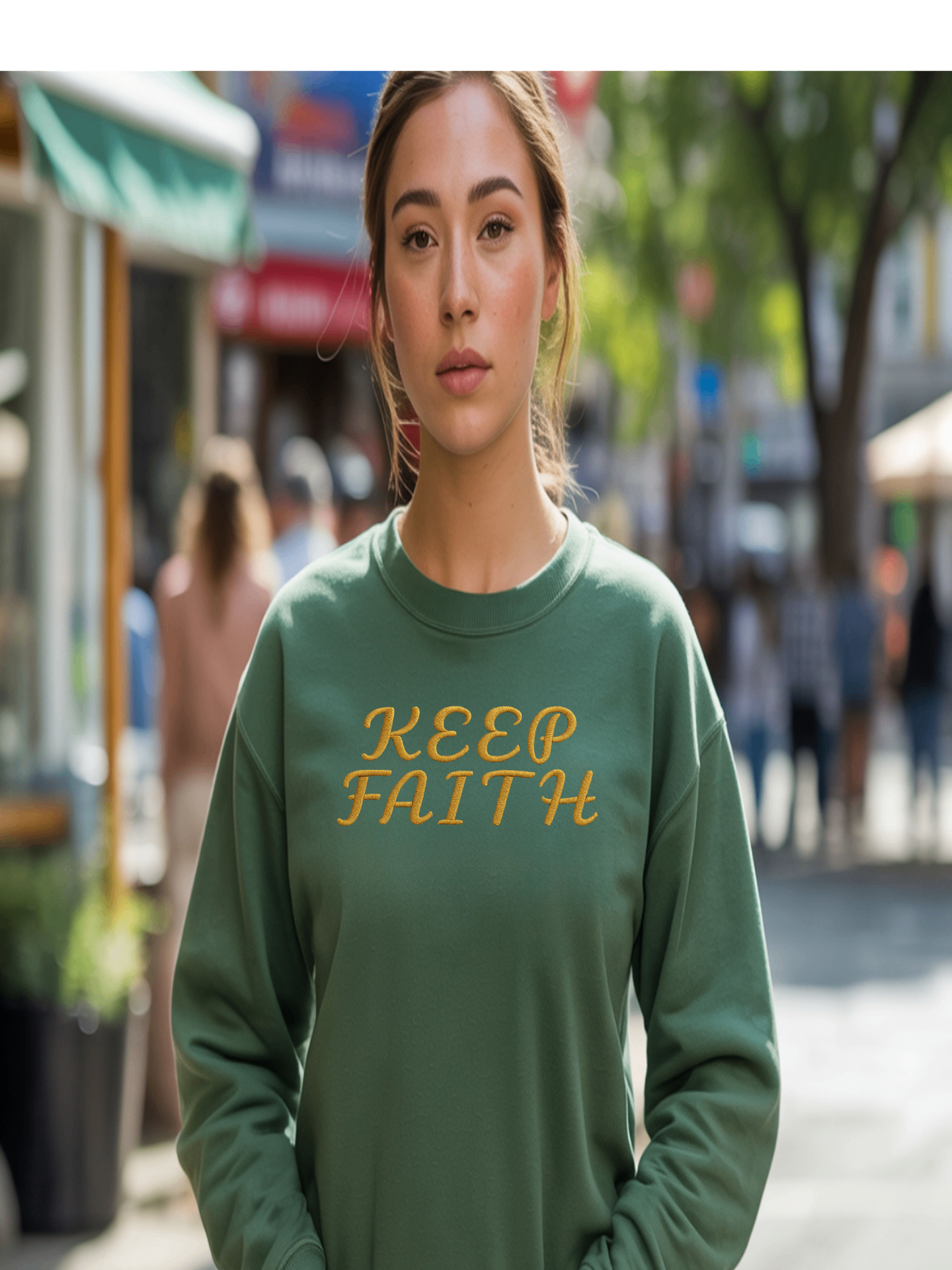 Woman outdoors wearing Embroidered Keep Faith Sweatshirt in forest green