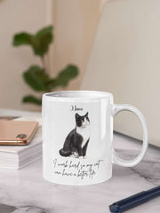 Personalized Pet Mug featuring black and white cat design on desk