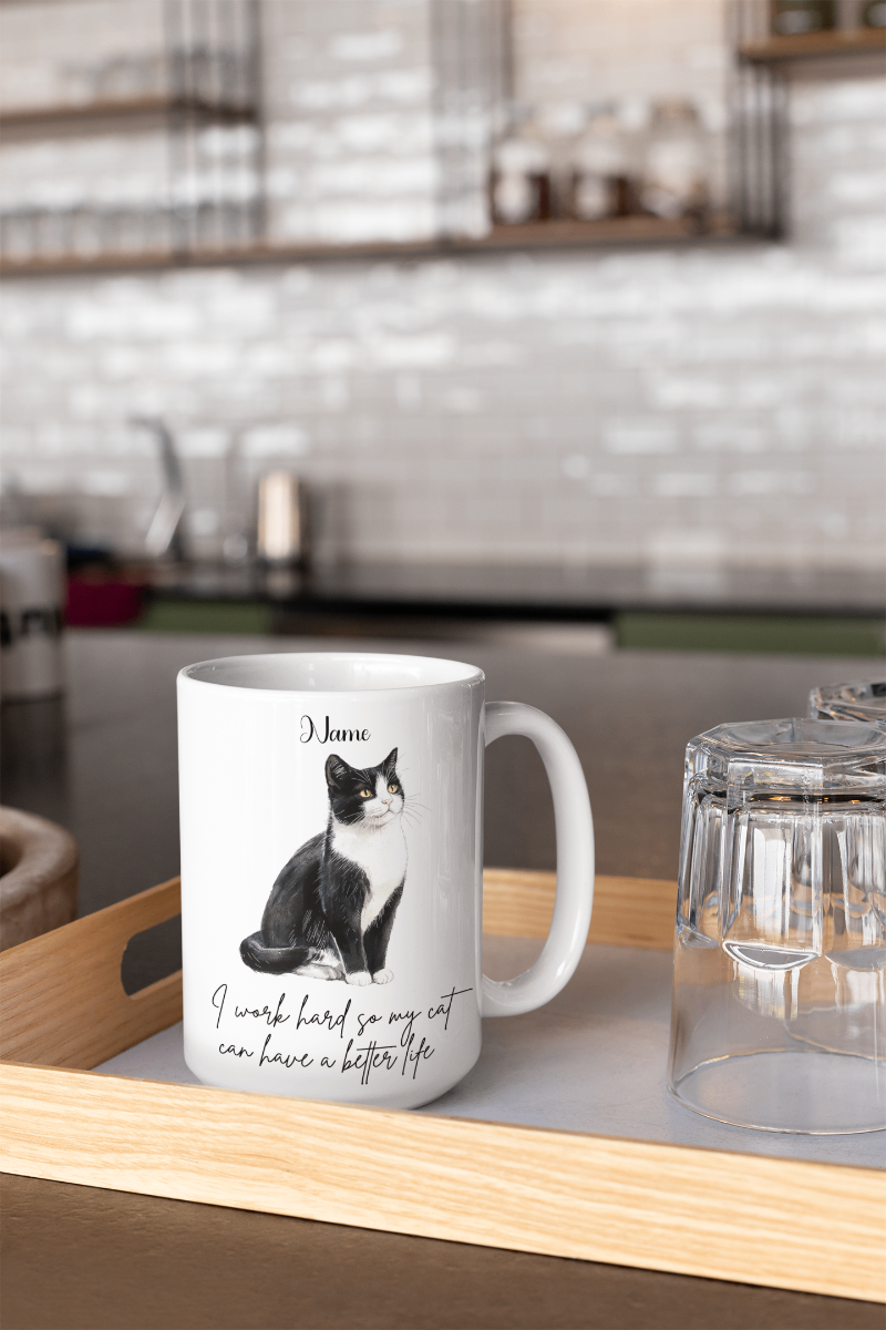 Personalized Pet Mug showing black cat artwork in modern kitchen
