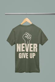 Motivational t-shirt with a bold 'NEVER GIVE UP' slogan and raised fist graphic on green fabric, perfect for inspiring resilience.