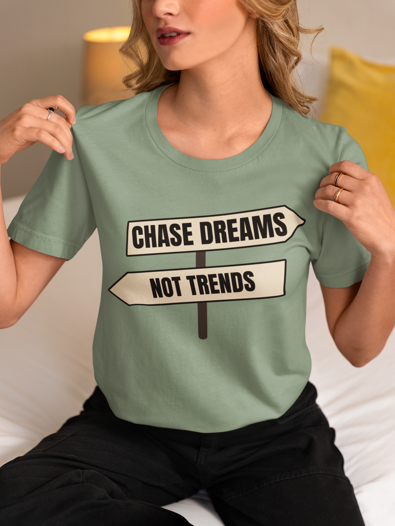 Chase Dreams T-Shirt modeled by woman showing the print clearly