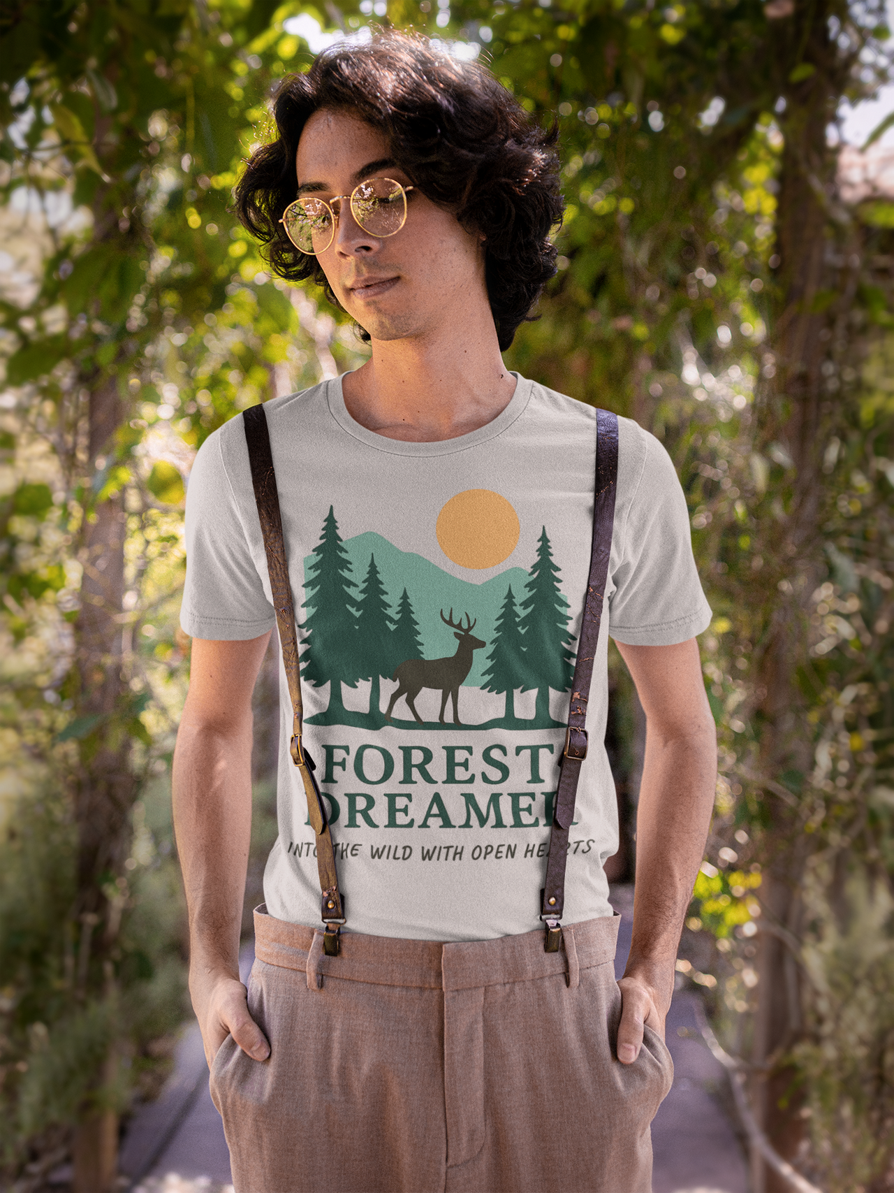 Forest Dreamer T-Shirt worn by model in outdoor nature scene