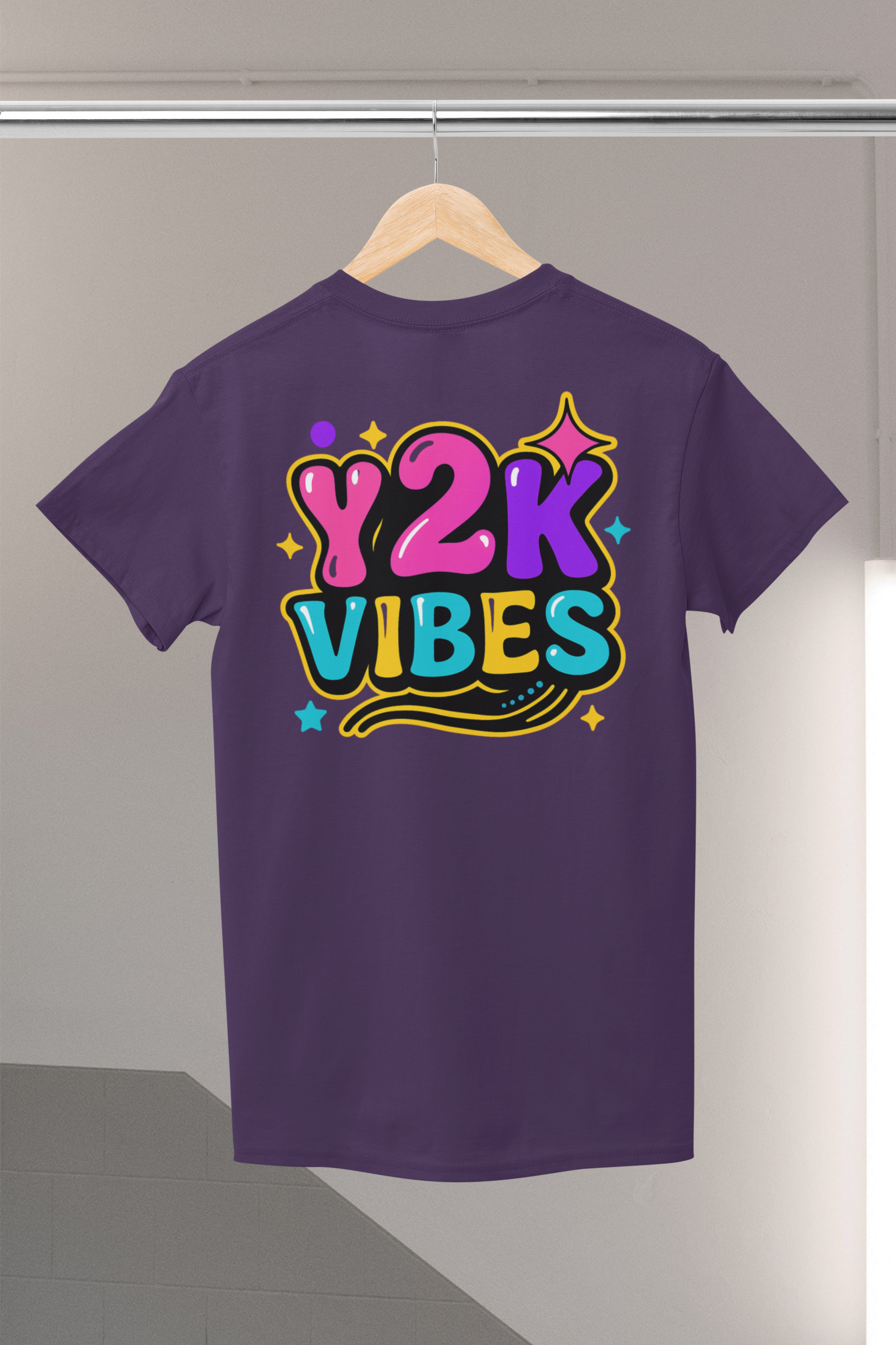 Purple Y2K Vibes T-Shirt on hanger, bold graphic design for retro fashion lovers