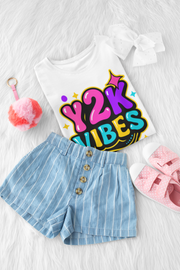 Y2K Vibes T-Shirt in white, styled with denim skirt and pink purse for Y2K look