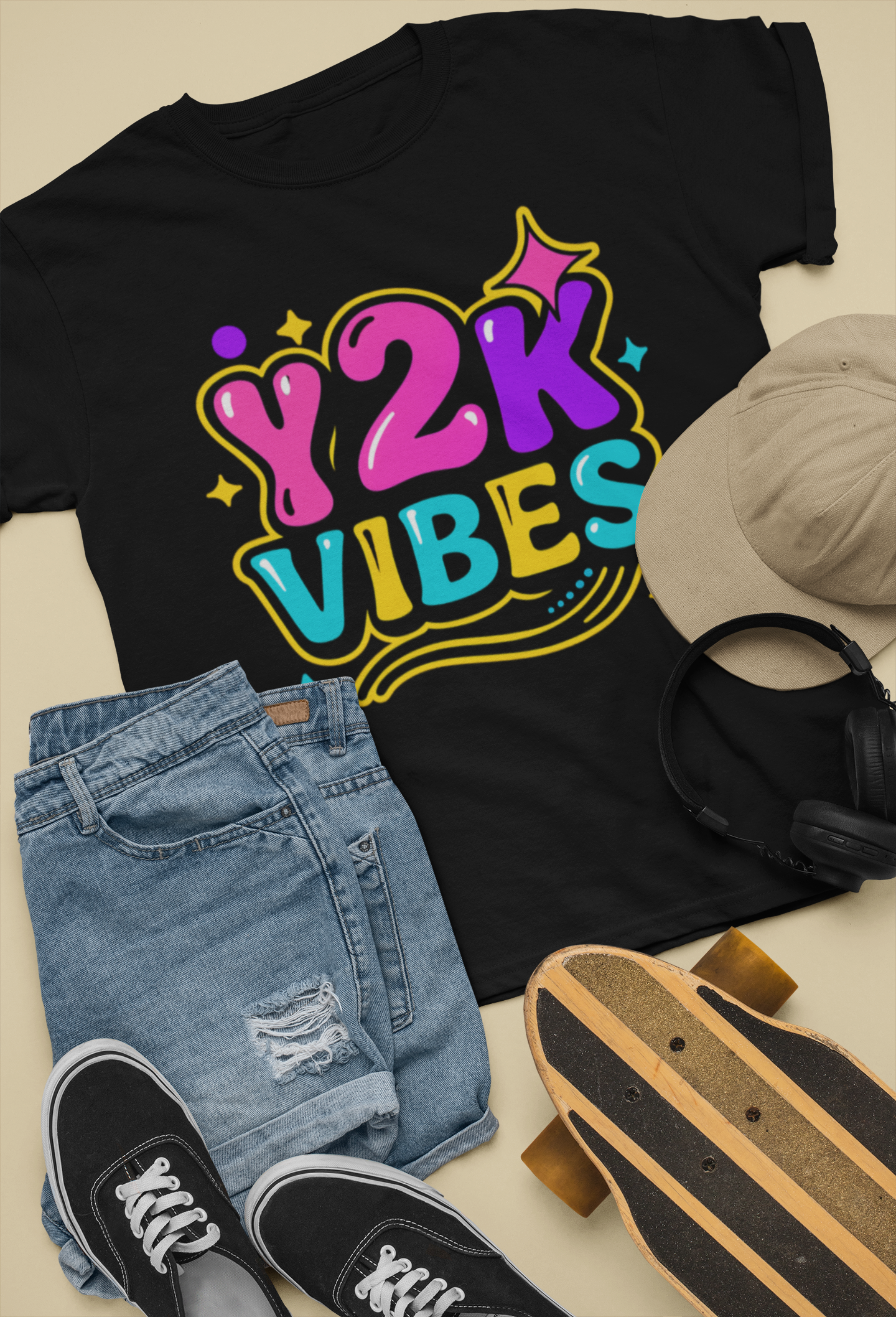 Flat lay of black Y2K Vibes T-Shirt with denim shorts and retro accessories