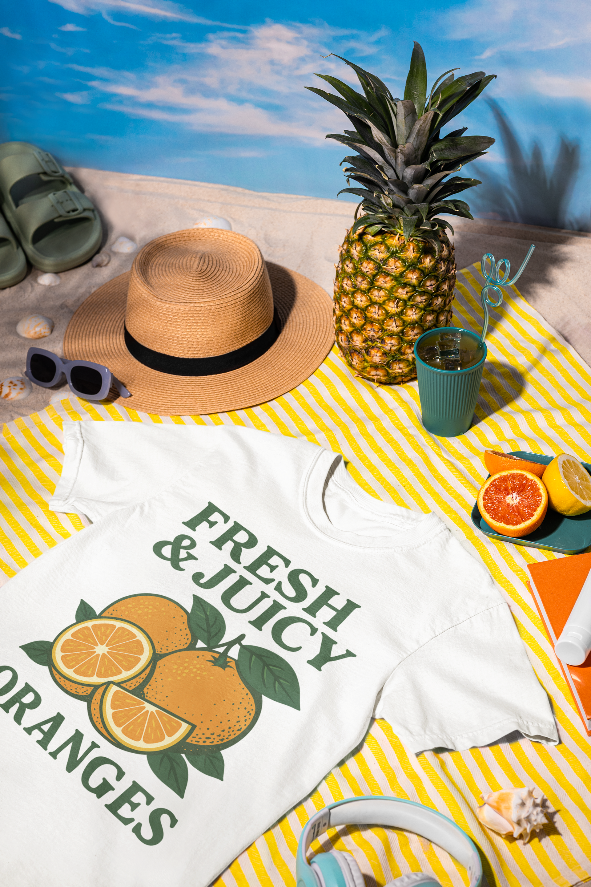 Flat lay of Fresh and Juicy Oranges T Shirt with tropical fruits – retro summer vibe  Imagen 4 (Camiseta colgada, fondo claro)
