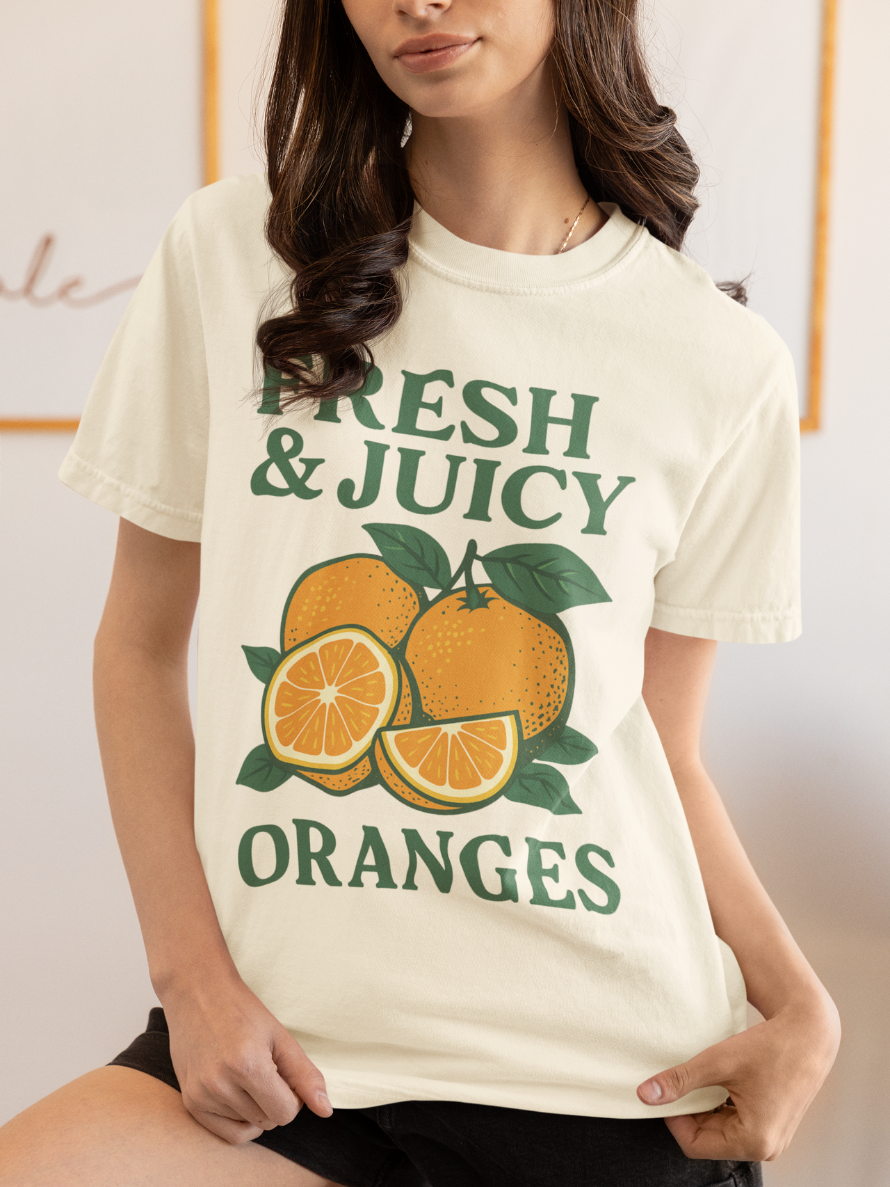 Woman wearing Fresh and Juicy Oranges T Shirt in white – retro fruit graphic tee