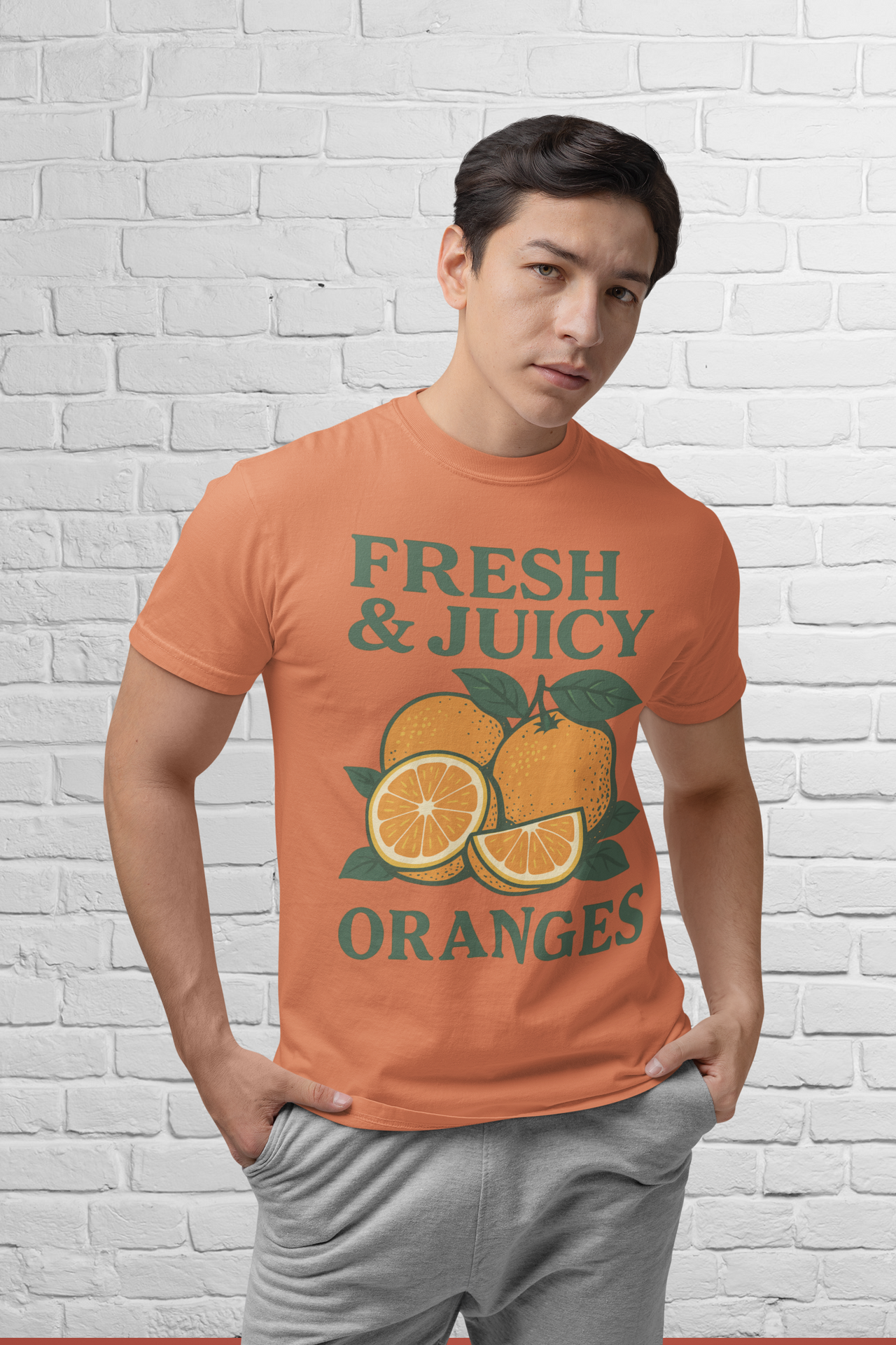 Man modeling Fresh and Juicy Oranges T Shirt in orange – vintage citrus design