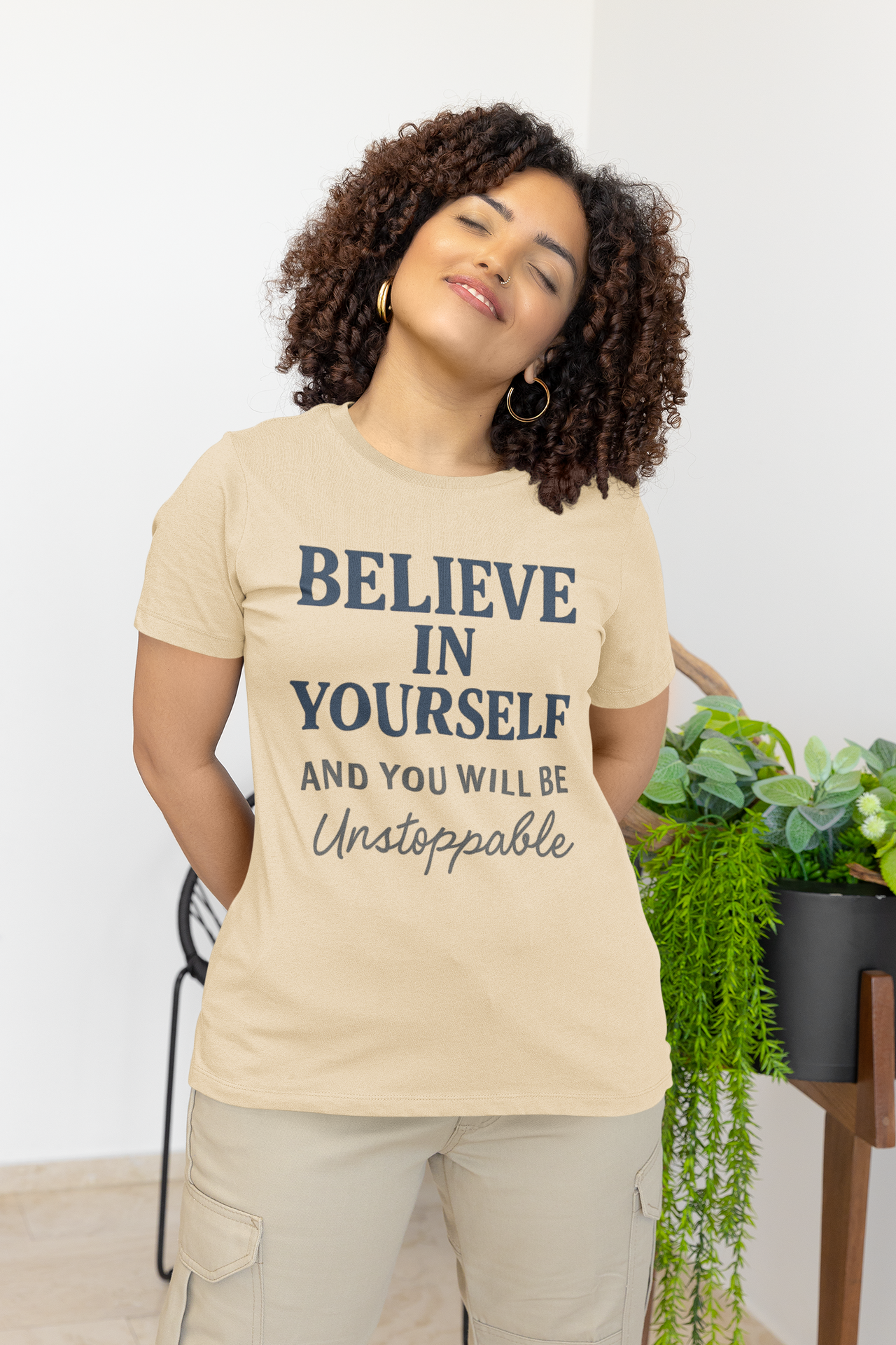 Believe in Yourself T-Shirt – motivational unisex tee worn by model standing