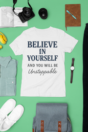 Believe in Yourself T-Shirt – inspirational unisex shirt flat lay with accessories