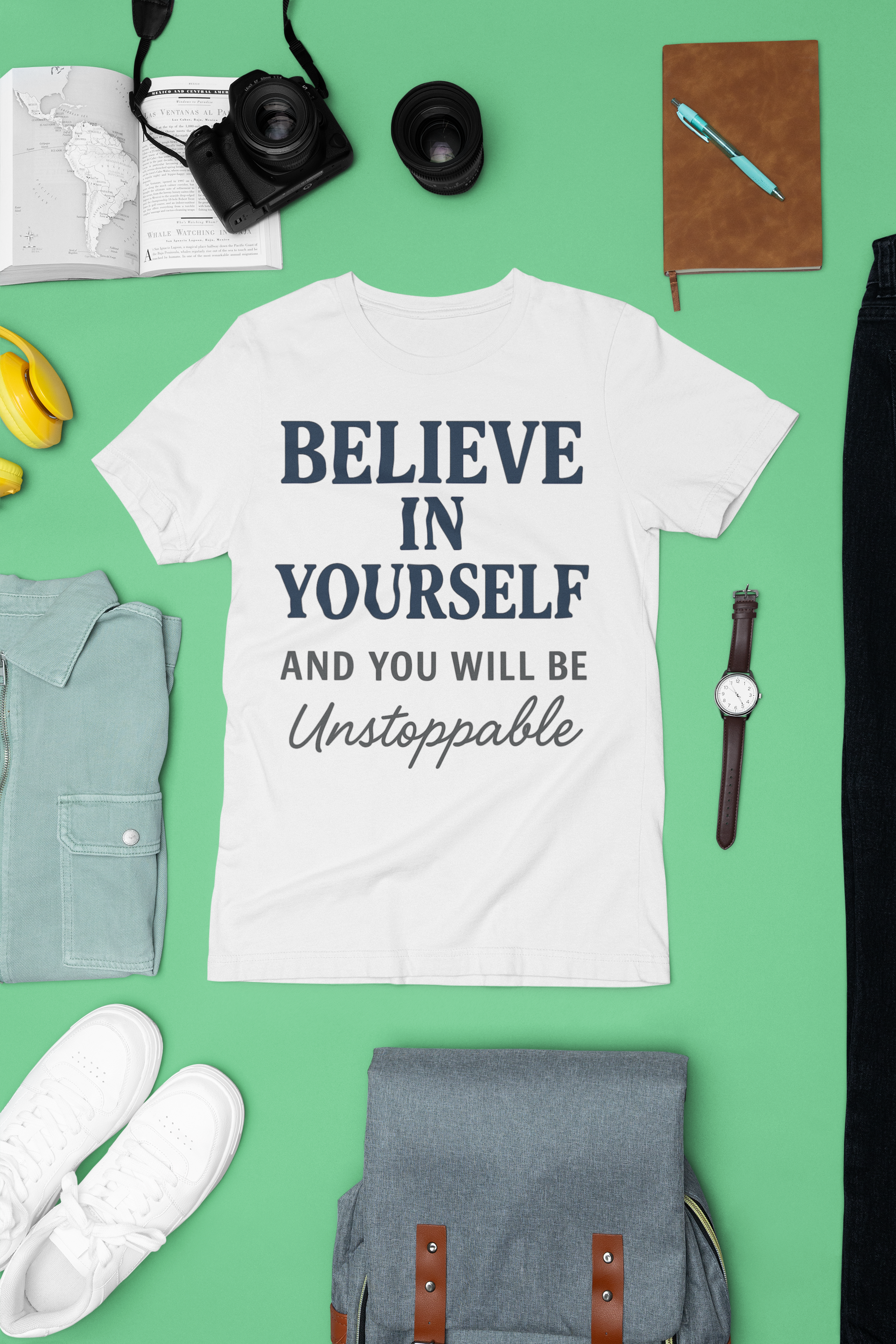 Believe in Yourself T-Shirt – inspirational unisex shirt flat lay with accessories