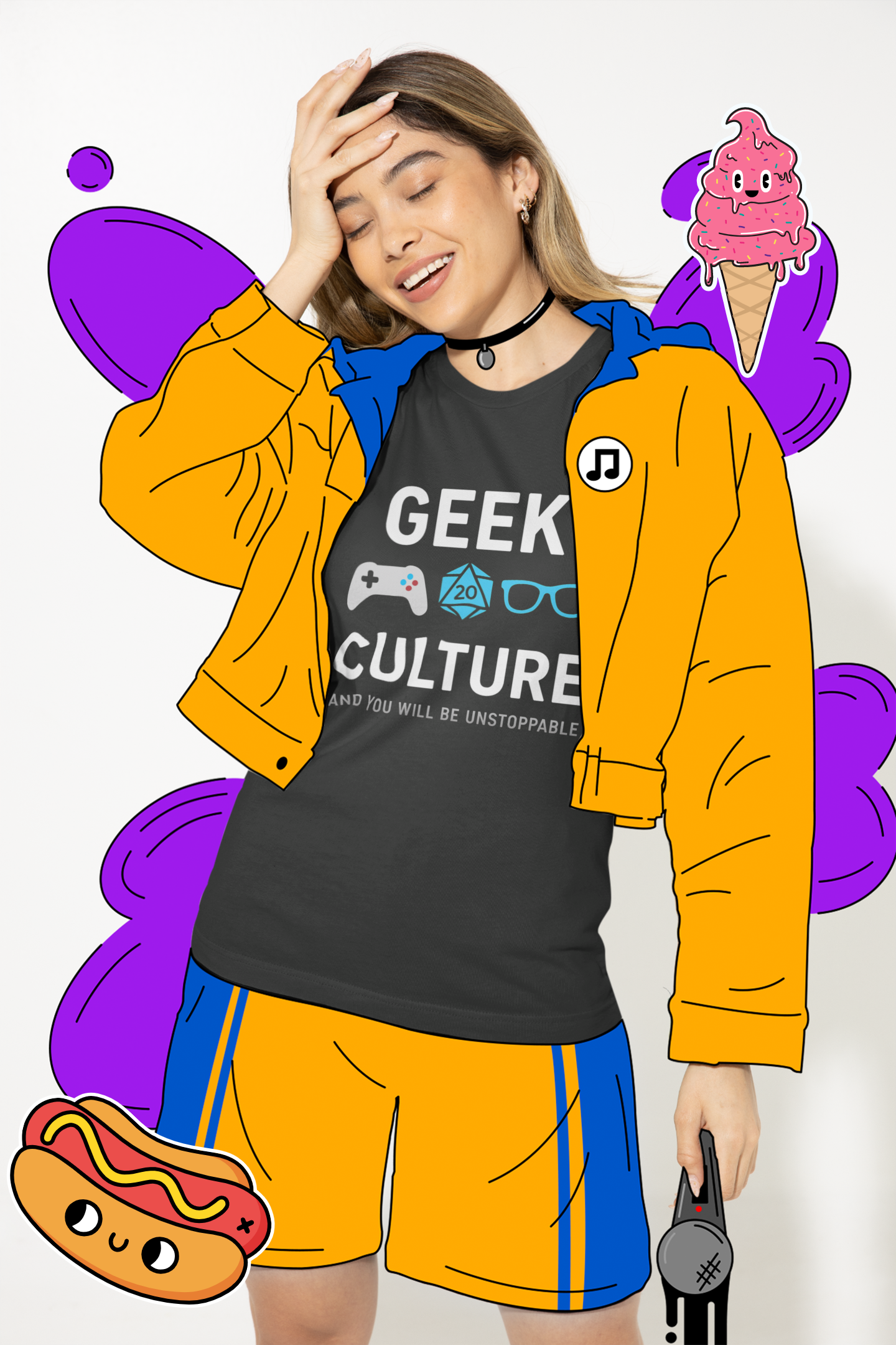 Woman in vibrant yellow outfit posing with Geek Culture T-Shirt – gamer girl aesthetic
