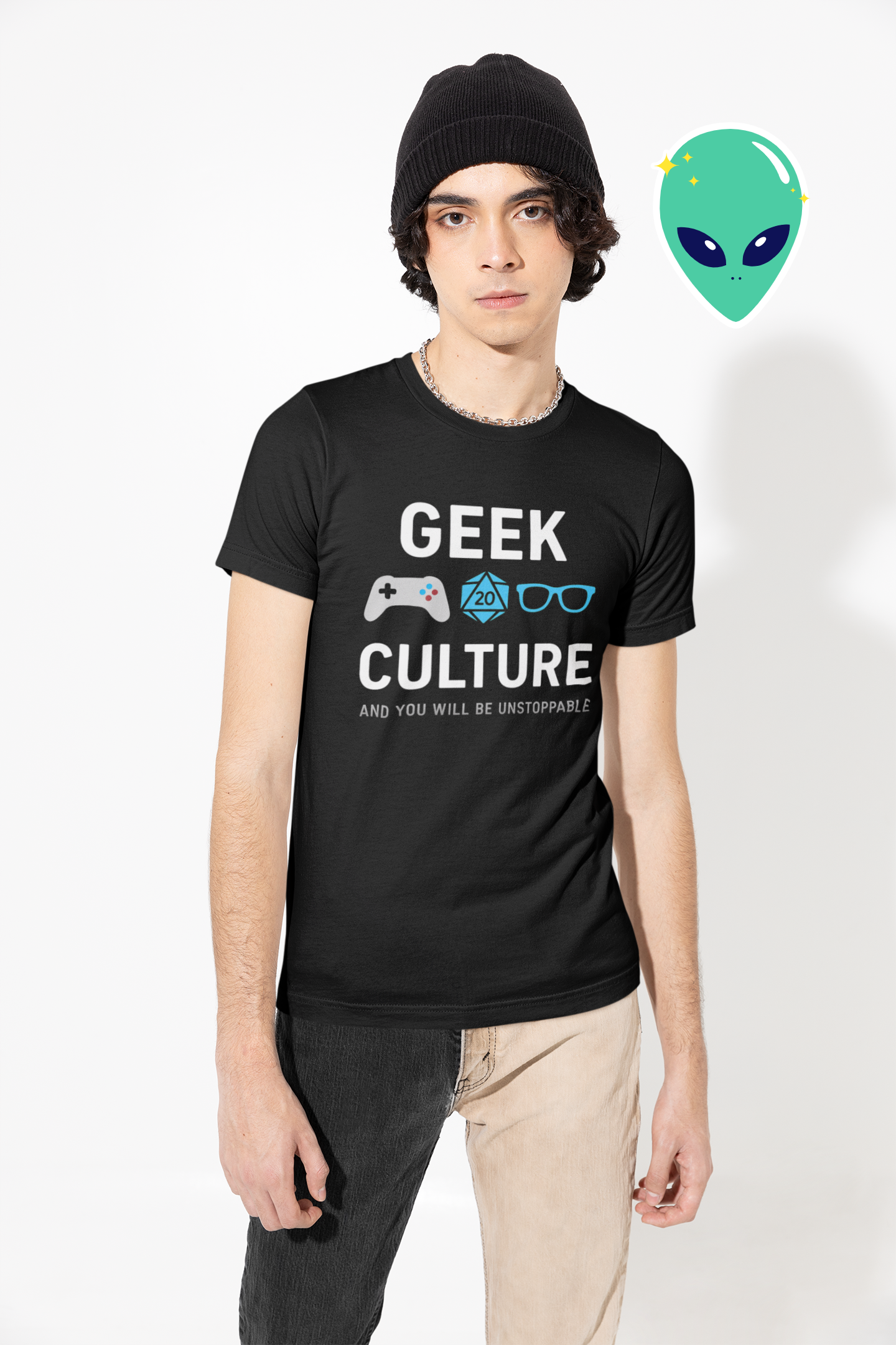 Young adult wearing Geek Culture T-Shirt standing confidently – minimalist black outfit