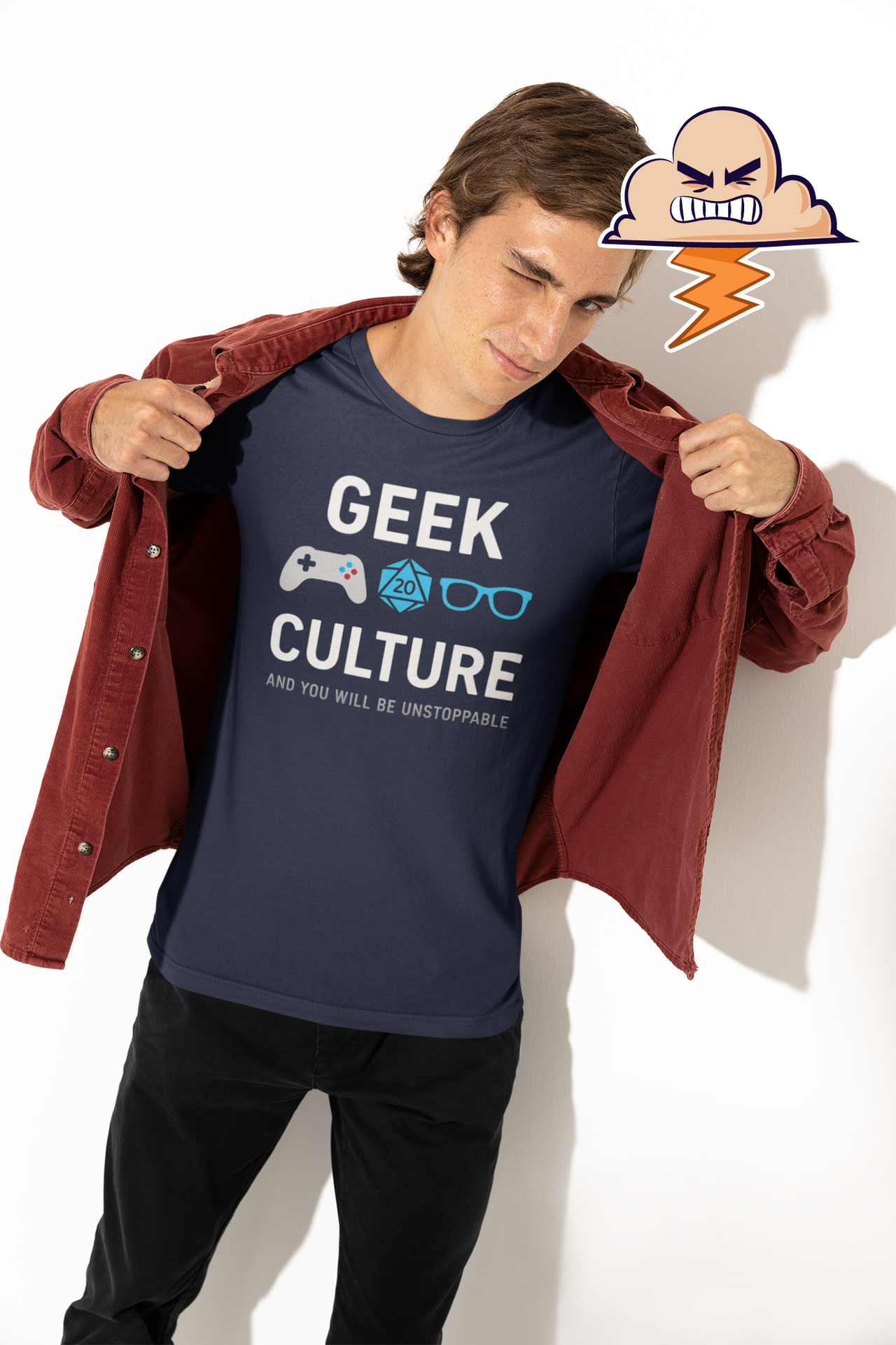 Man wearing Geek Culture T-Shirt with open jacket and playful pose – urban fashion style