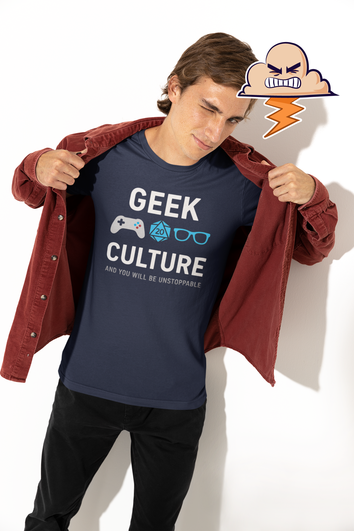 Man wearing Geek Culture T-Shirt with open jacket and playful pose – urban fashion style