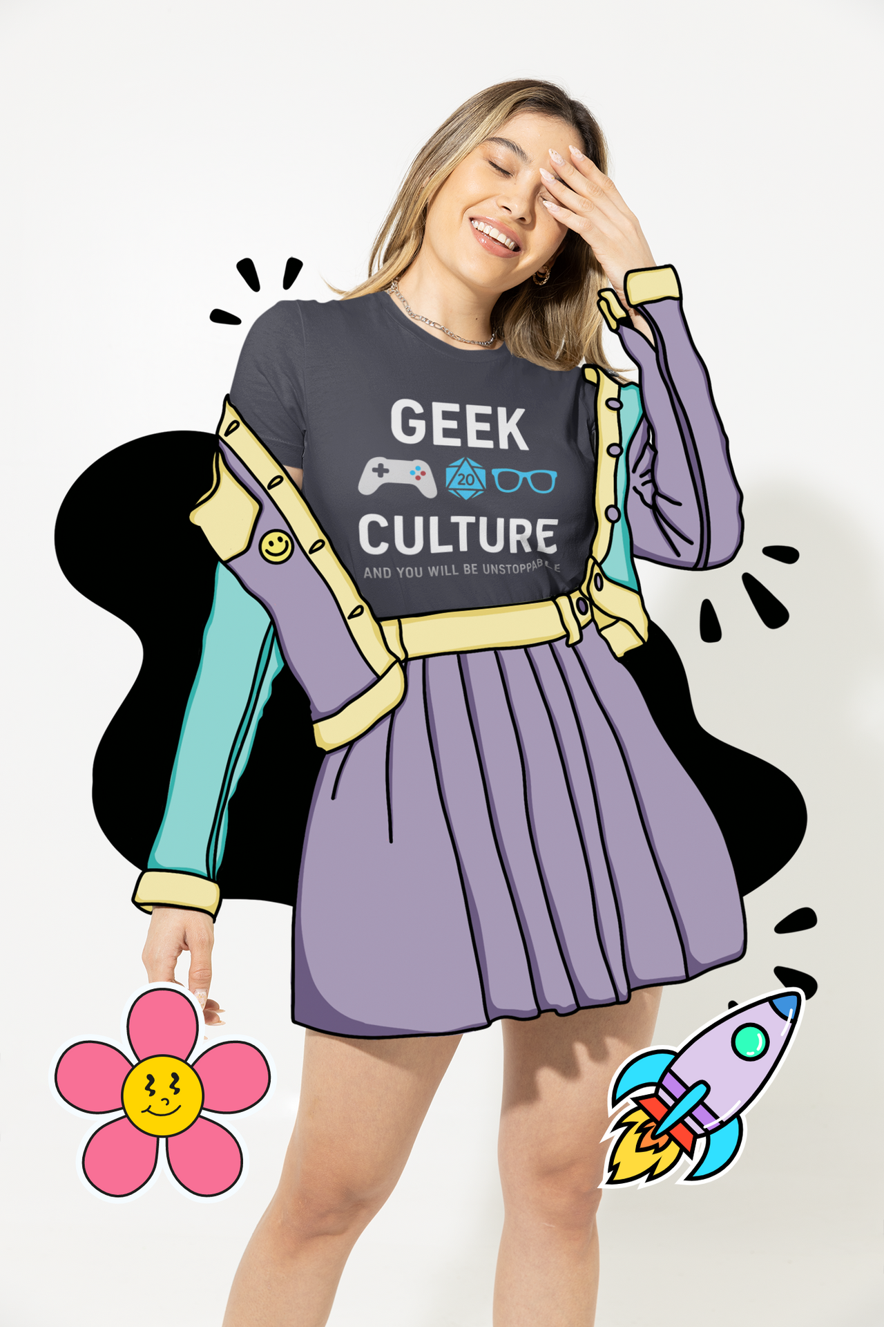 Woman in striped skirt and Geek Culture T-Shirt smiling – colorful Gen Z aesthetic