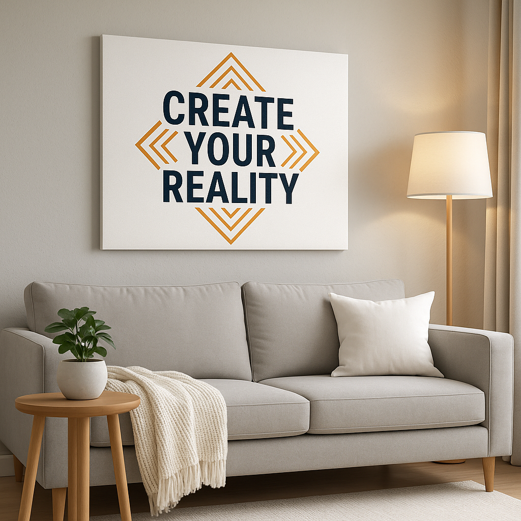  Wall Art Create Your Reality – Motivational artwork in a bright living room with neutral sofa and lamp.