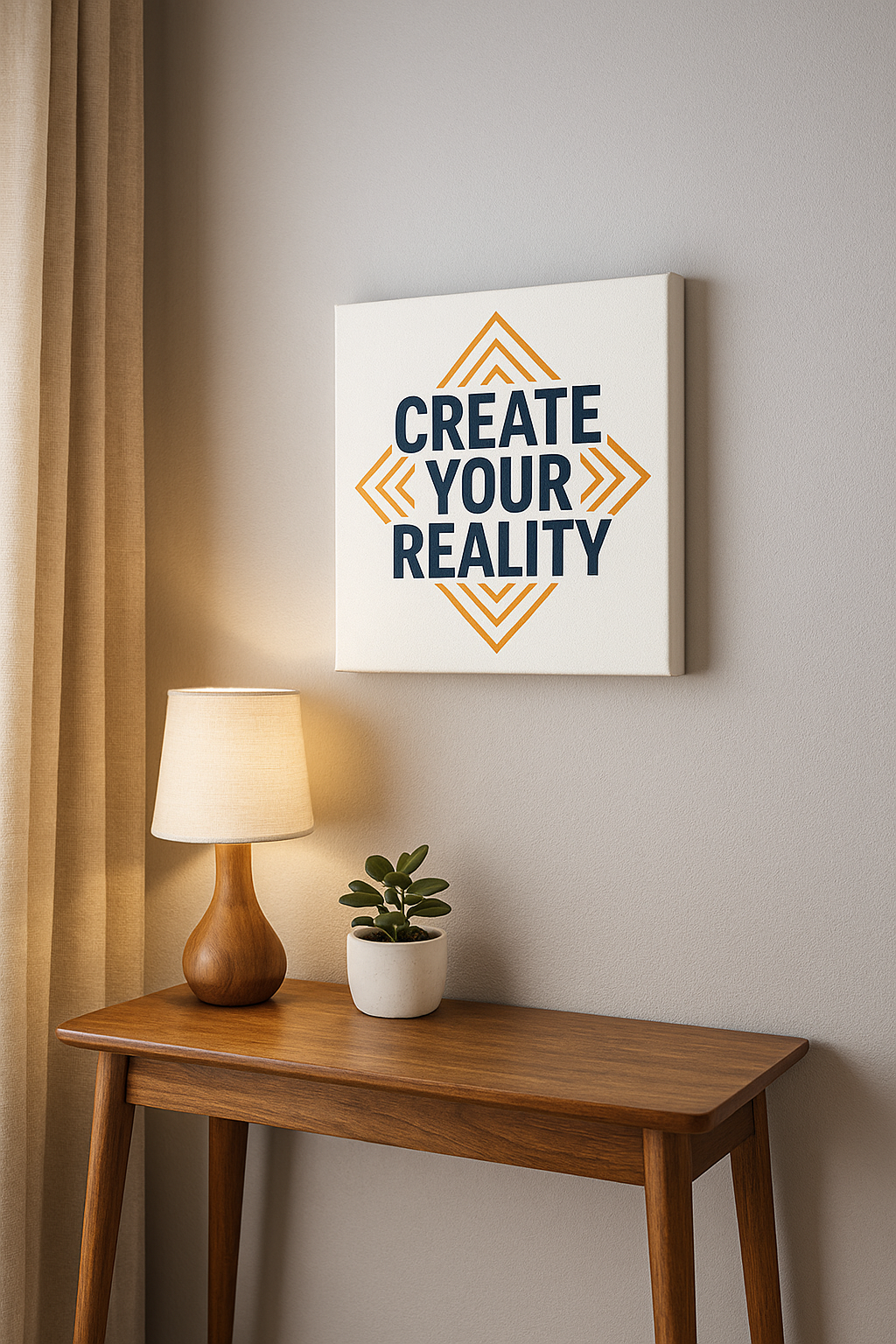 Wall Art Create Your Reality – Motivational wall art framed in a cozy desk corner with lamp and plant.