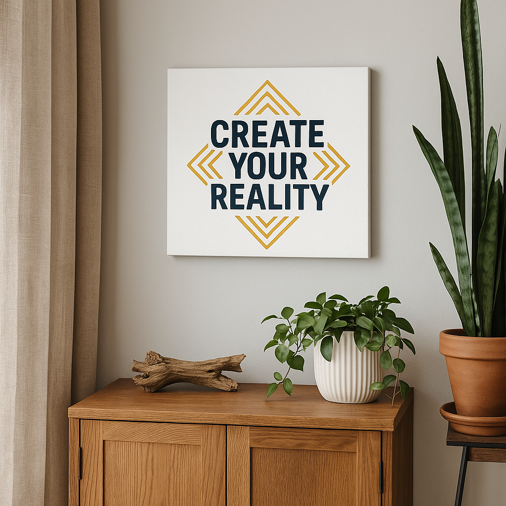 Wall Art Create Your Reality – Inspirational wall decor above a wooden cabinet with green plant.