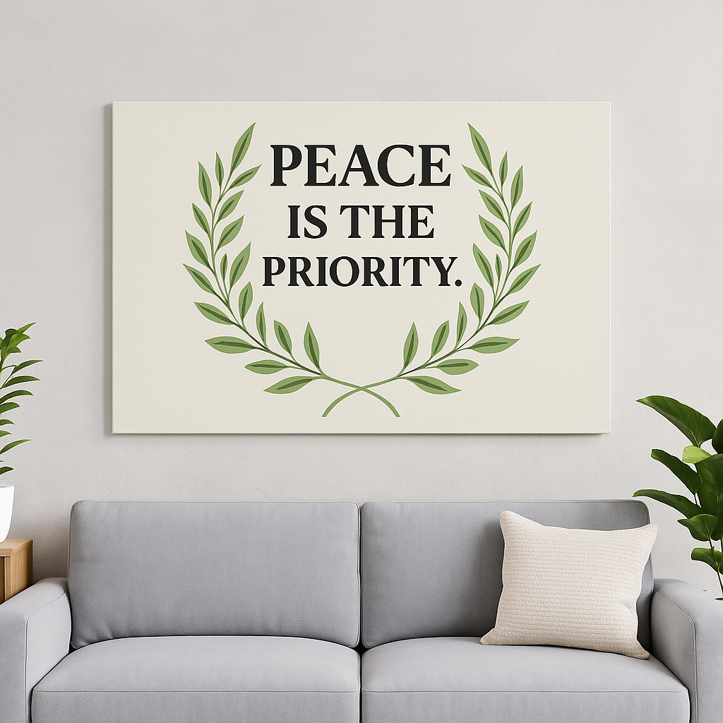 Peace Wall Art – Minimalist motivational artwork displayed above a modern sofa.