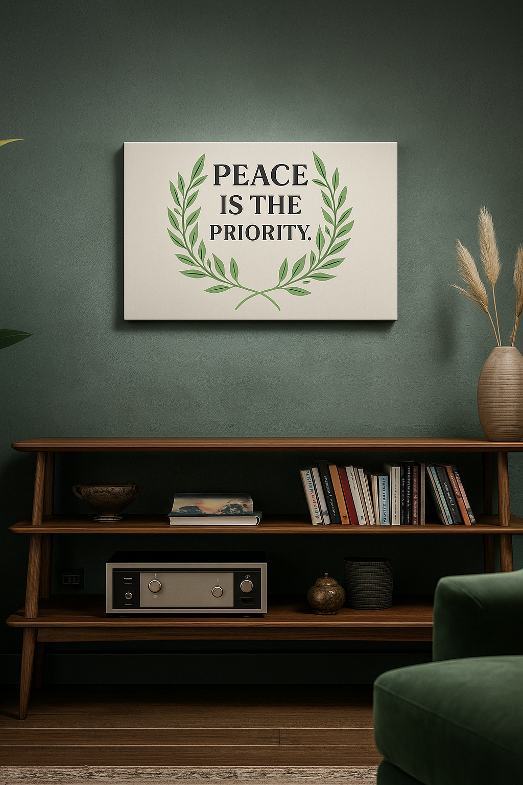 Peace Wall Art – Framed quote on a dark wall with bookshelf and plants for a calming vibe.