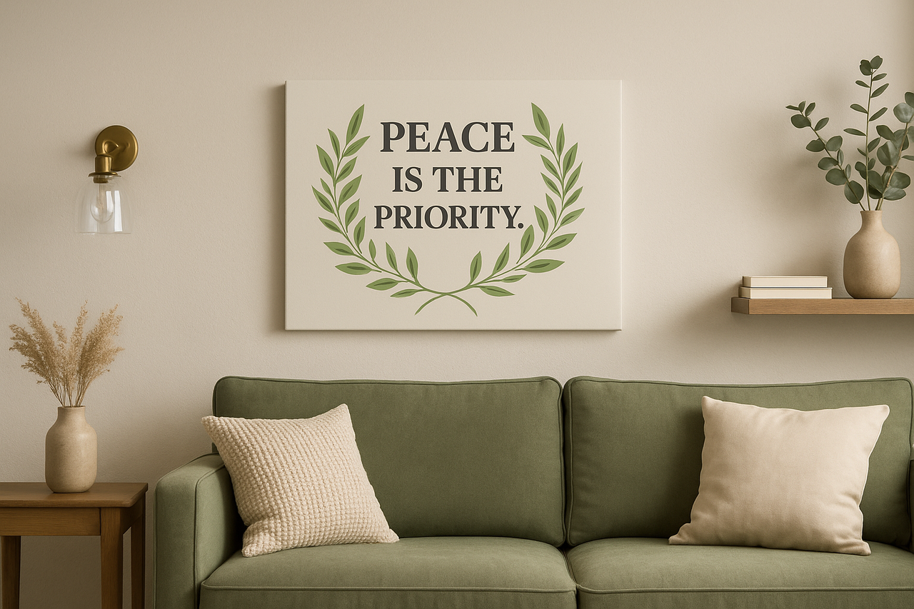 Peace Wall Art – Motivational artwork in a cozy living room with green sofa and soft tones.