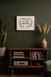 Peace Wall Art – Inspirational wall decor with greenery styled above a wooden console.