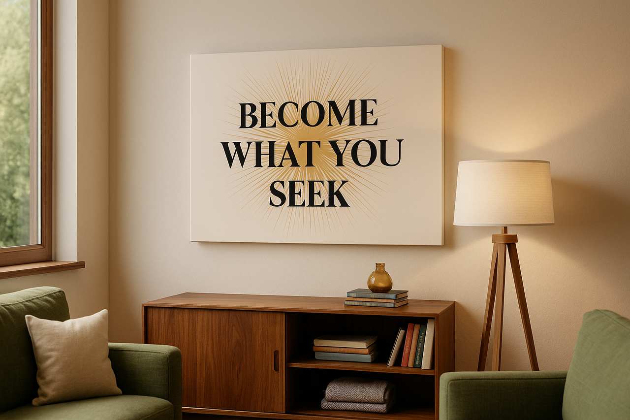  Motivational Wall Art Become What You Seek – Inspirational framed artwork styled in a cozy living room with lamp and sofa.