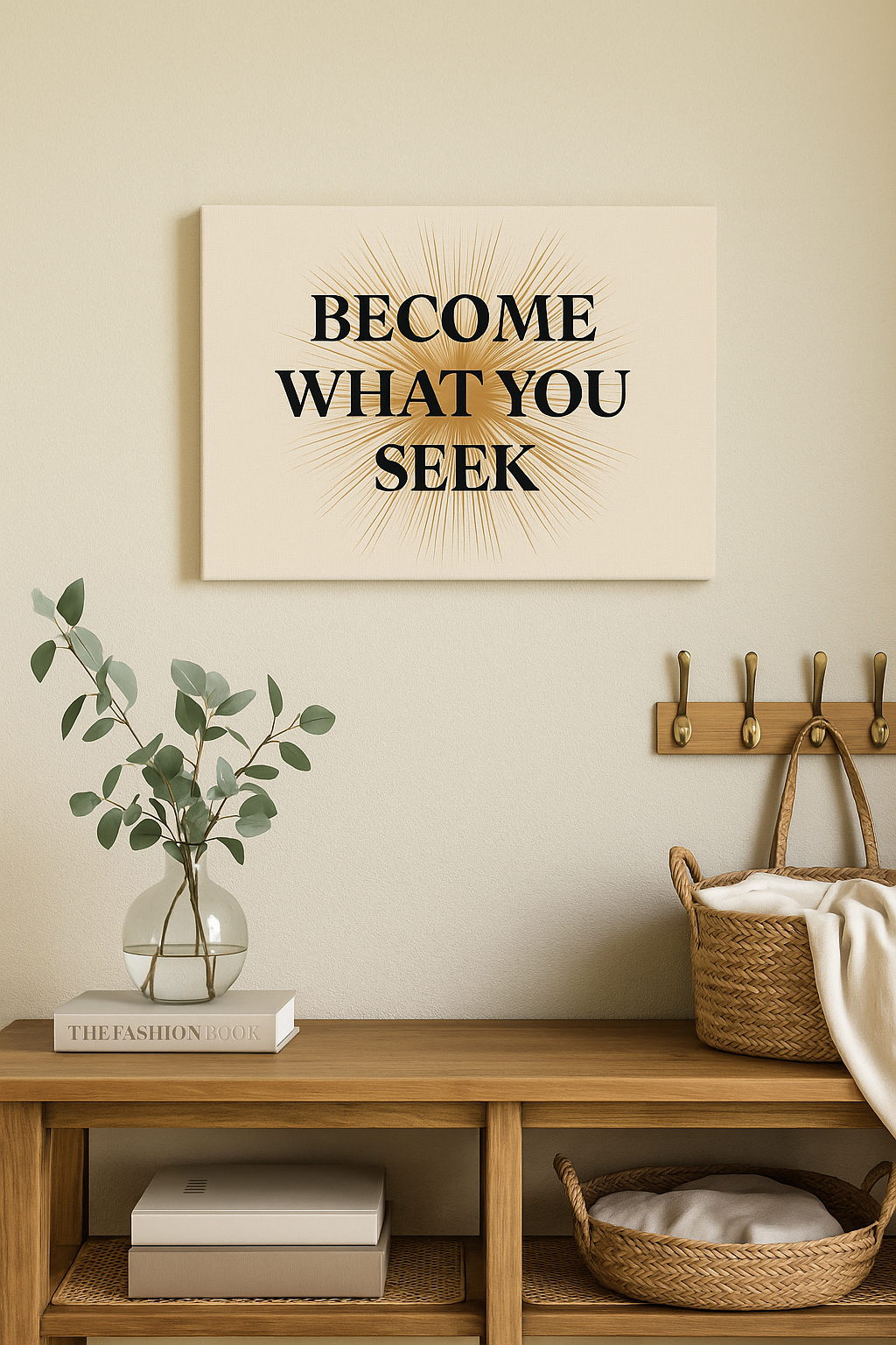  Motivational Wall Art Become What You Seek – Minimalist motivational print displayed above a natural wood console with greenery.