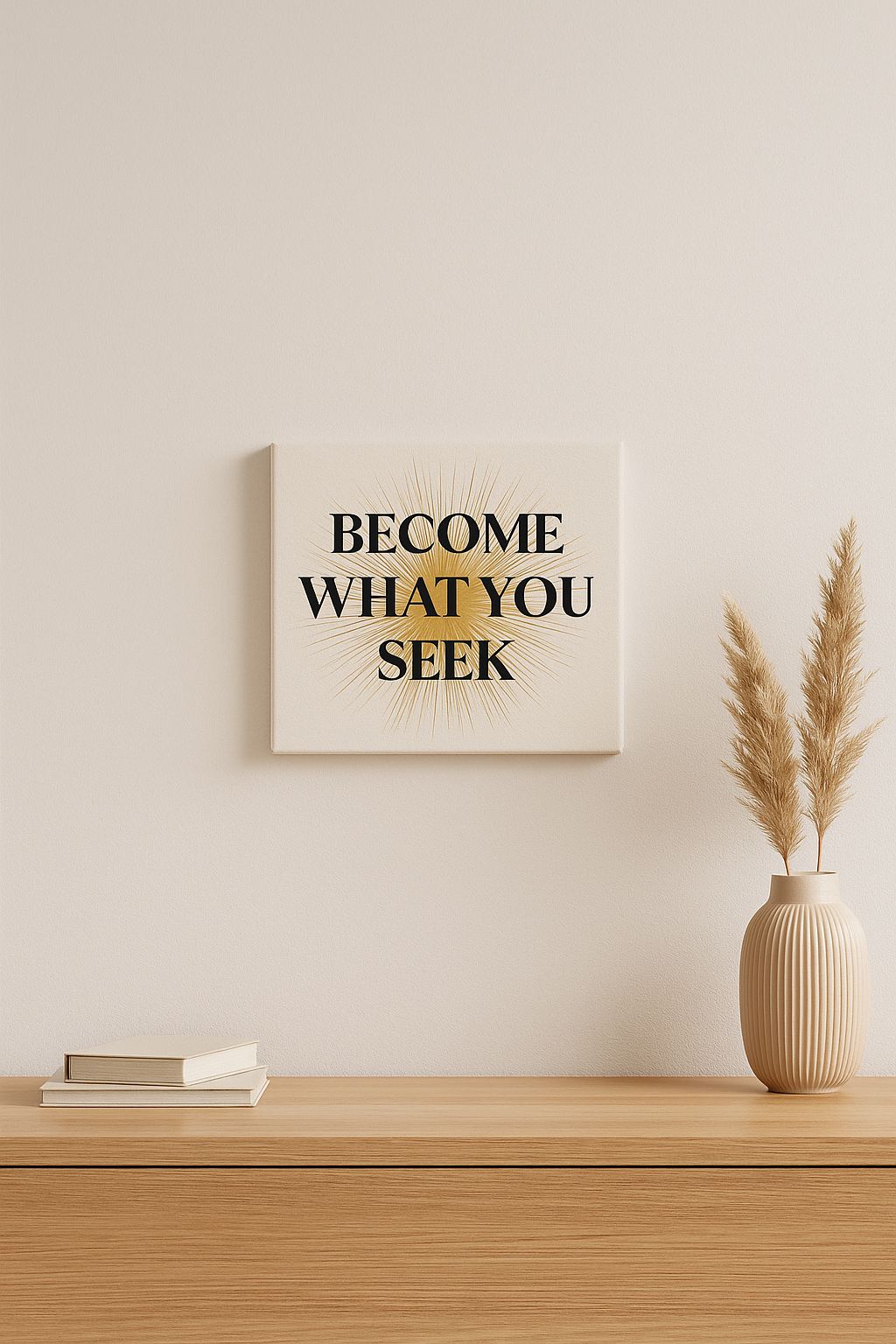  Motivational Wall Art Become What You Seek – Modern inspirational wall art in a bright neutral space with decorative vase.