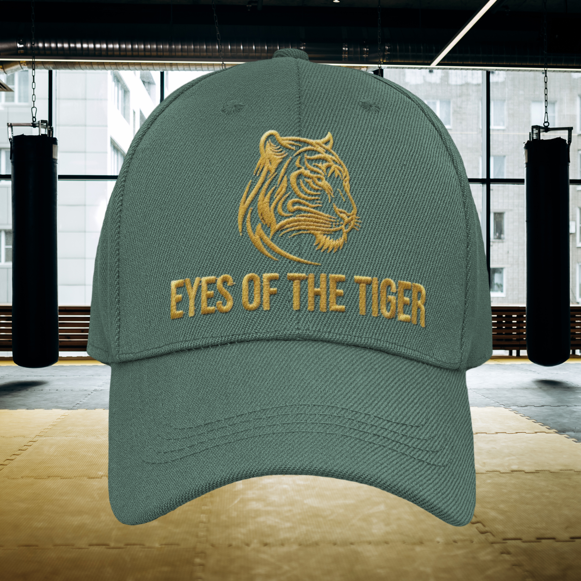 Embroidered Dad Hat Eyes of the Tiger – Green cap close-up with tiger embroidery design.