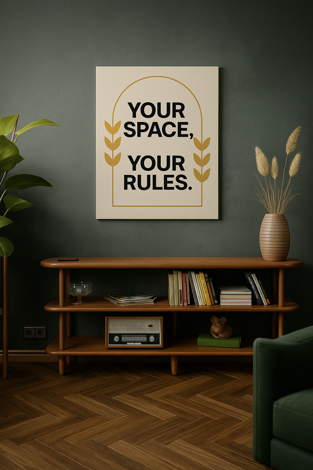 Canvas Wall Art Your Space Your Rules – Inspirational artwork styled on a dark green wall with bookshelf and plants.