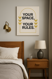Canvas Wall Art Your Space Your Rules – Minimalist motivational canvas styled in a cozy bedroom with lamp and pillows.