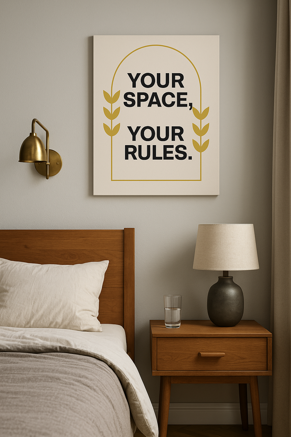 Canvas Wall Art Your Space Your Rules – Minimalist motivational canvas styled in a cozy bedroom with lamp and pillows.