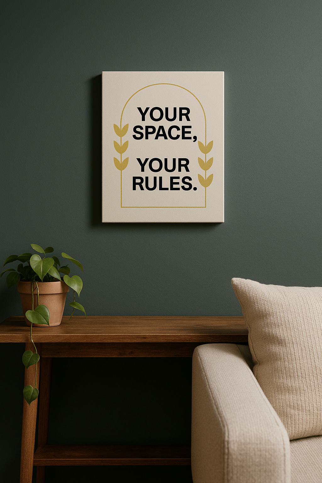 Canvas Wall Art Your Space Your Rules – Modern framed canvas above a sofa and side table with plant.